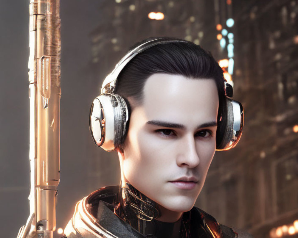 Futuristic individual in armored suit with headset against glowing circuitry.