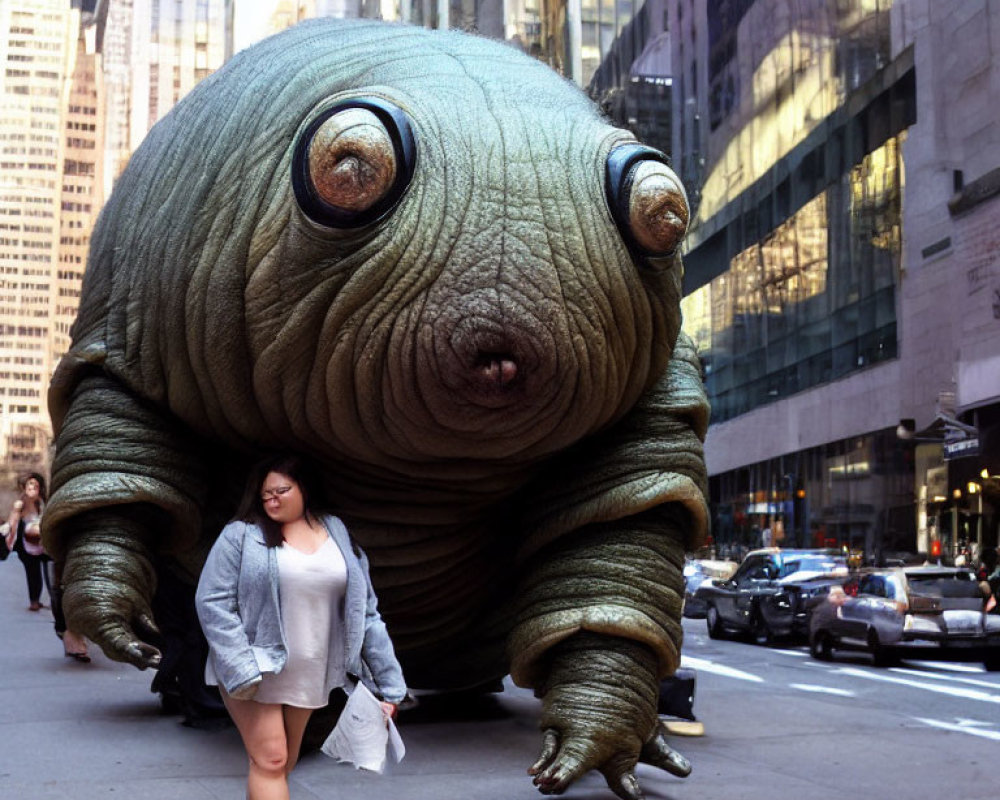 Woman walking past giant inflatable seal in city street with skyscrapers and cars.