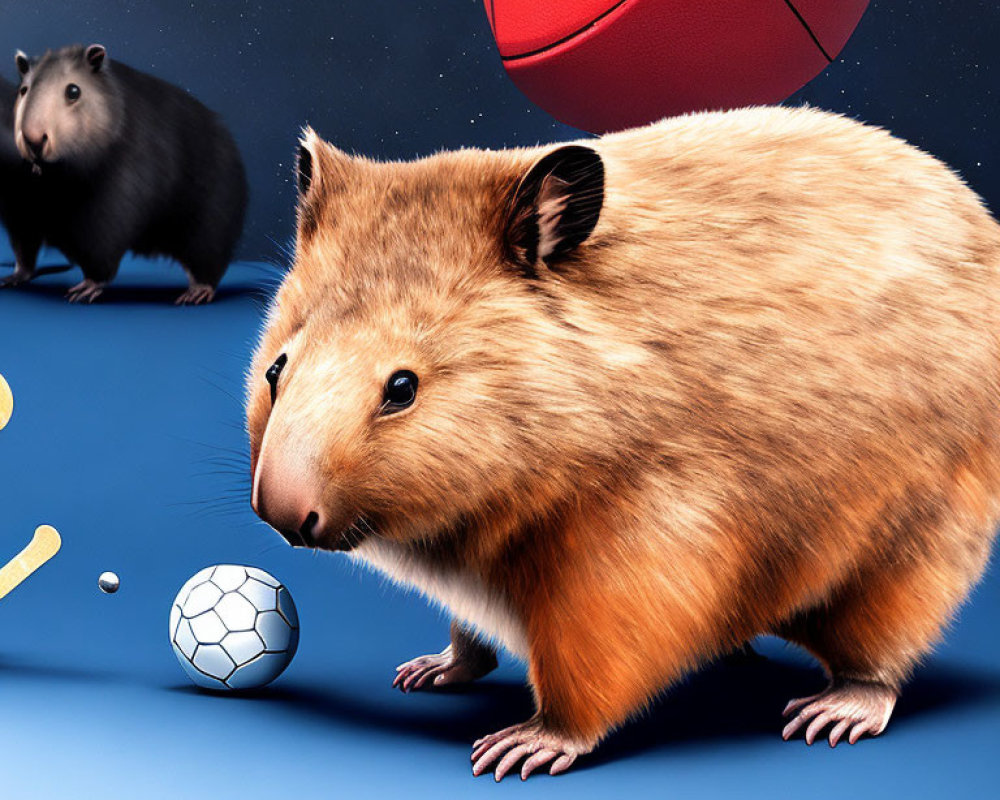 Giant hamster with sports balls on court with spotlights