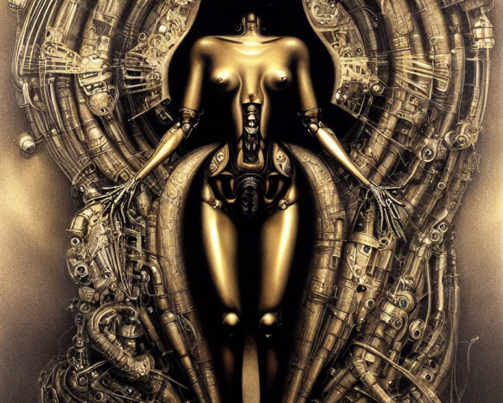 Metallic futuristic female figure surrounded by intricate mechanical details and circular shapes.