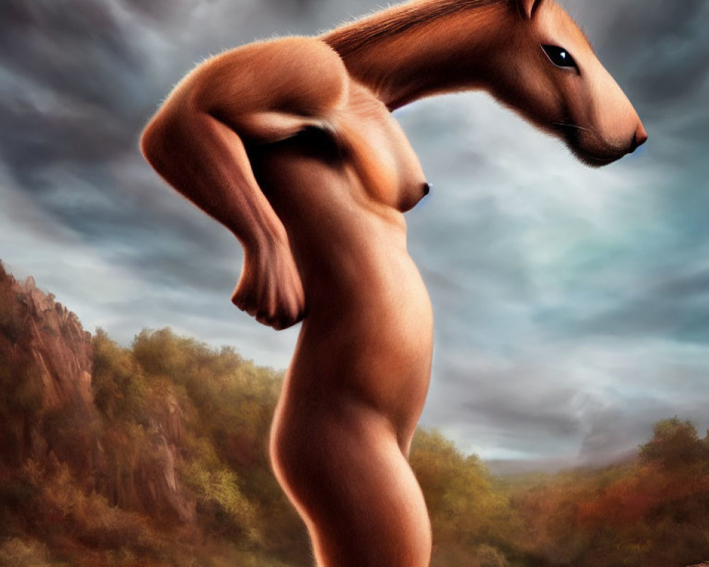 Surreal anthropomorphic horse illustration under dramatic sky