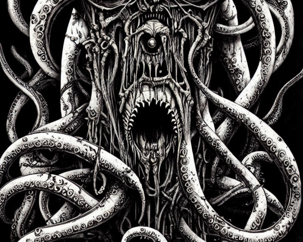 Detailed Monster Drawing with Tentacles, Eyes, and Menacing Mouth