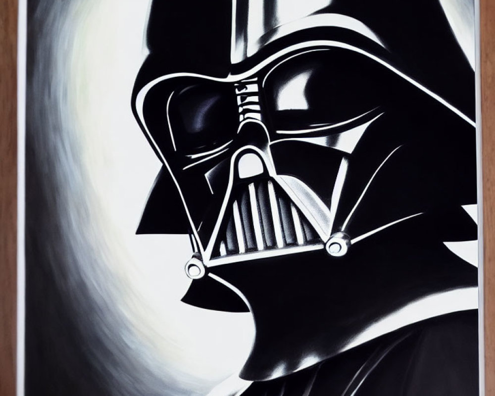 Monochrome artwork of Darth Vader's helmet and torso against swirling light background
