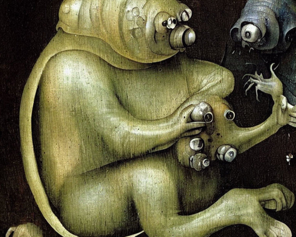 Grotesque creature with multiple eyes in dark painting