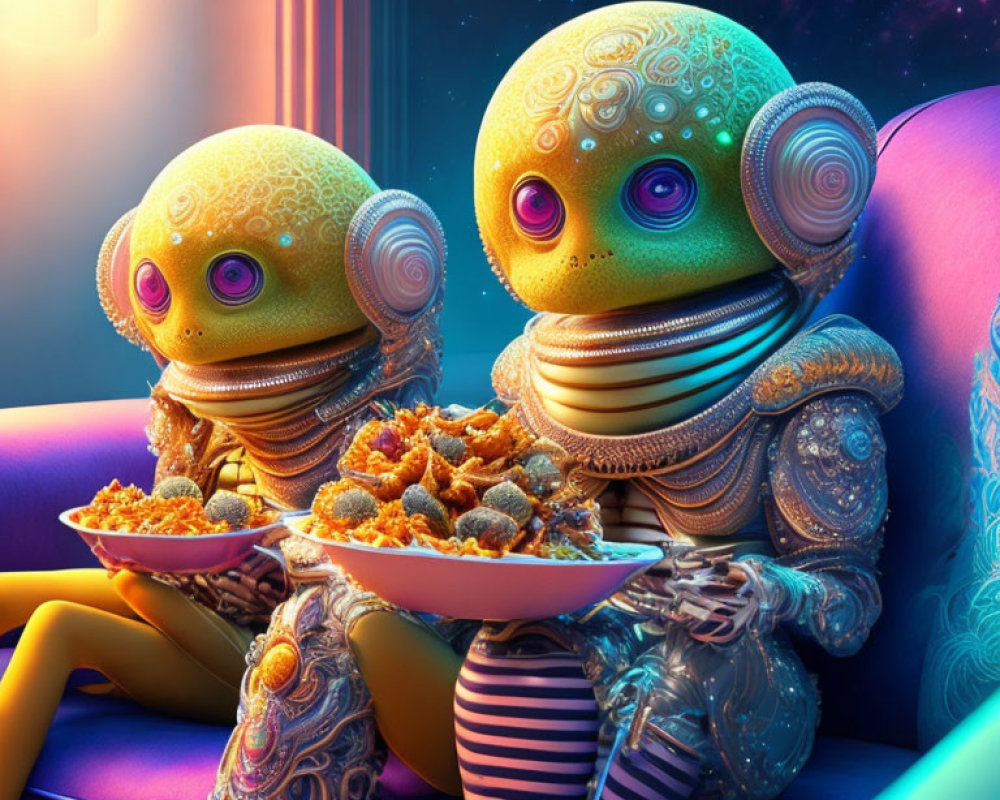 Colorful Robots Sharing Snacks Against Cosmic Background