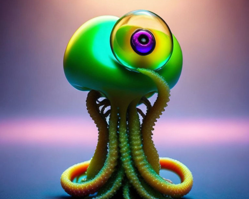 Colorful sculpture of creature with large eye and tentacles on purple background