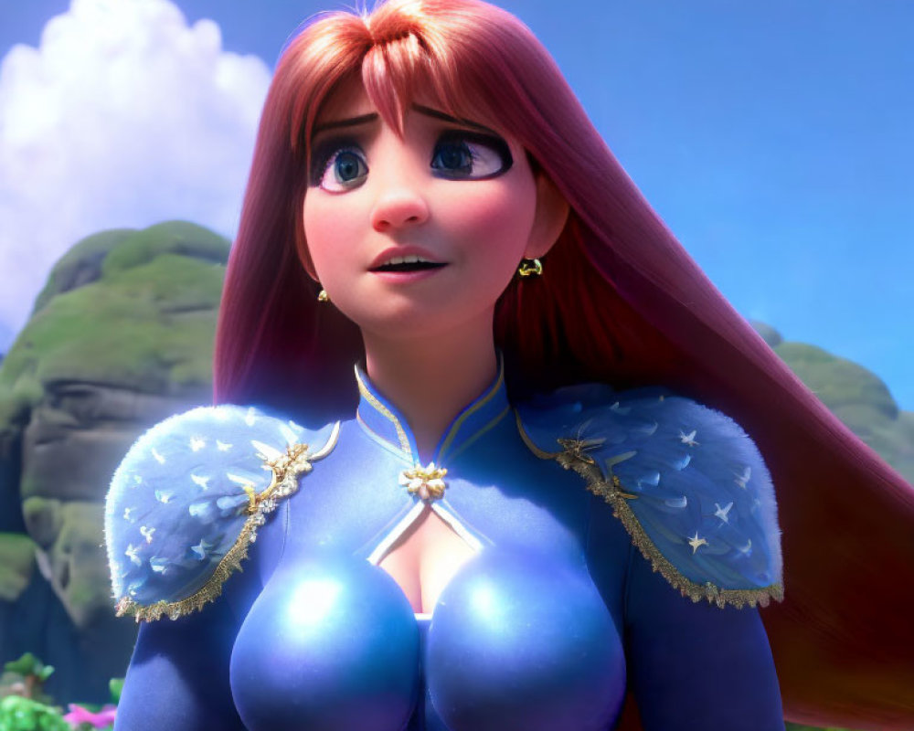 Red-haired female character in blue and gold armor against scenic backdrop