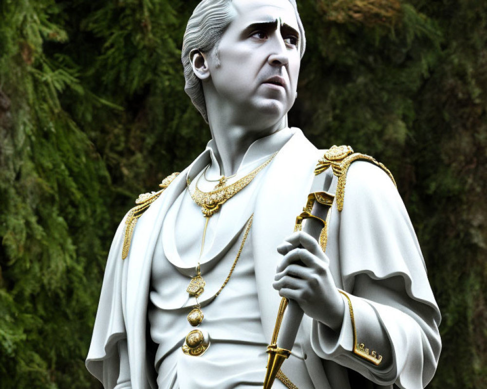 Solemn man statue in classical attire with staff, gold chains, against green foliage.