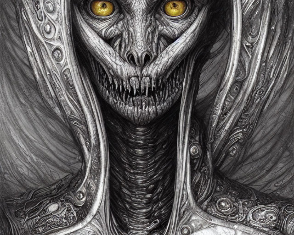 Detailed black and white drawing of hooded alien with yellow eyes