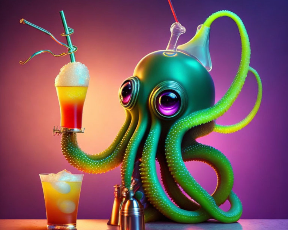 Colorful Octopus Holding Cocktails on Gradient Background