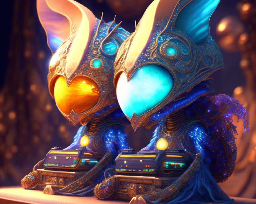 Ornate mystical cat-like creatures with glowing eyes and intricate armor against warm glowing orbs