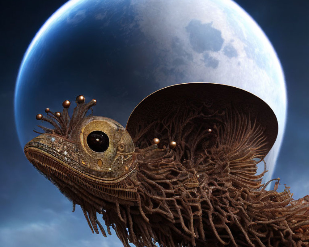 Steampunk-style creature with mechanical eye and textured tentacles under oversized moon