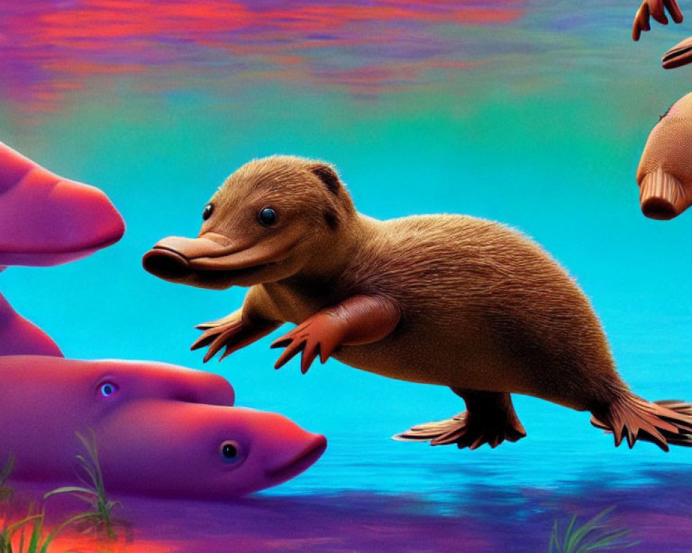 Smiling platypus swims with pink dolphins in colorful sunset scene