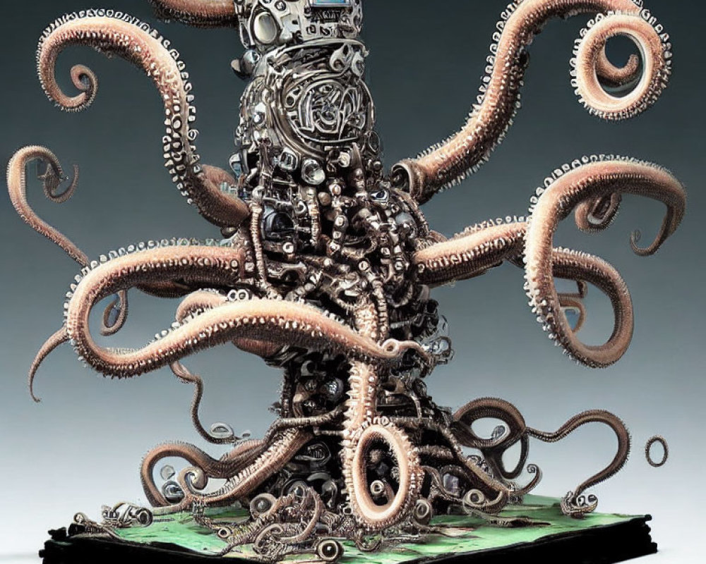 Intricate Mechanical Octopus Sculpture on Green Circuit Board Base