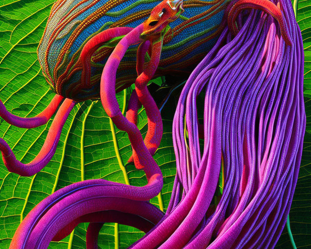 Colorful surreal creature with textured body and purple tendrils in lush green foliage