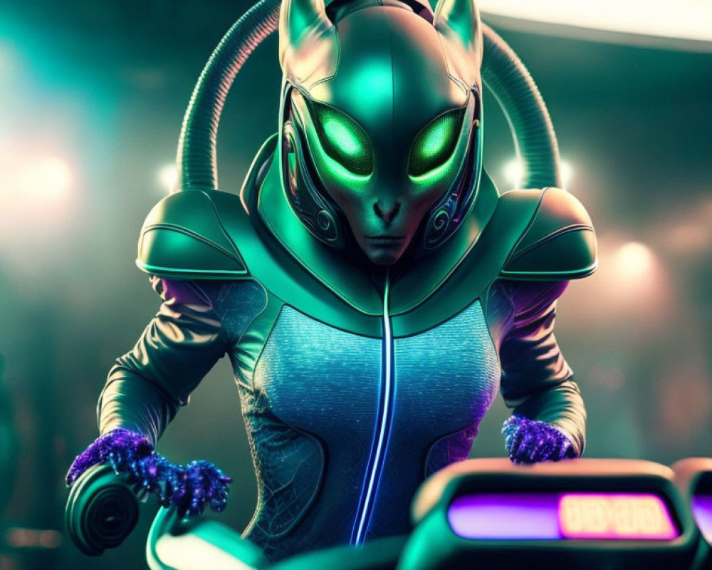 Futuristic alien-like figure with glowing green eyes and sleek armor holding neon-accented handlebars