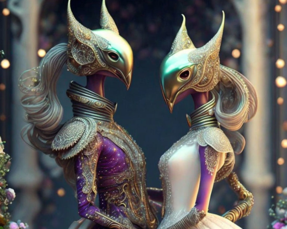 Ornate masquerade attire on elegant bird-like creatures in fairy-tale setting