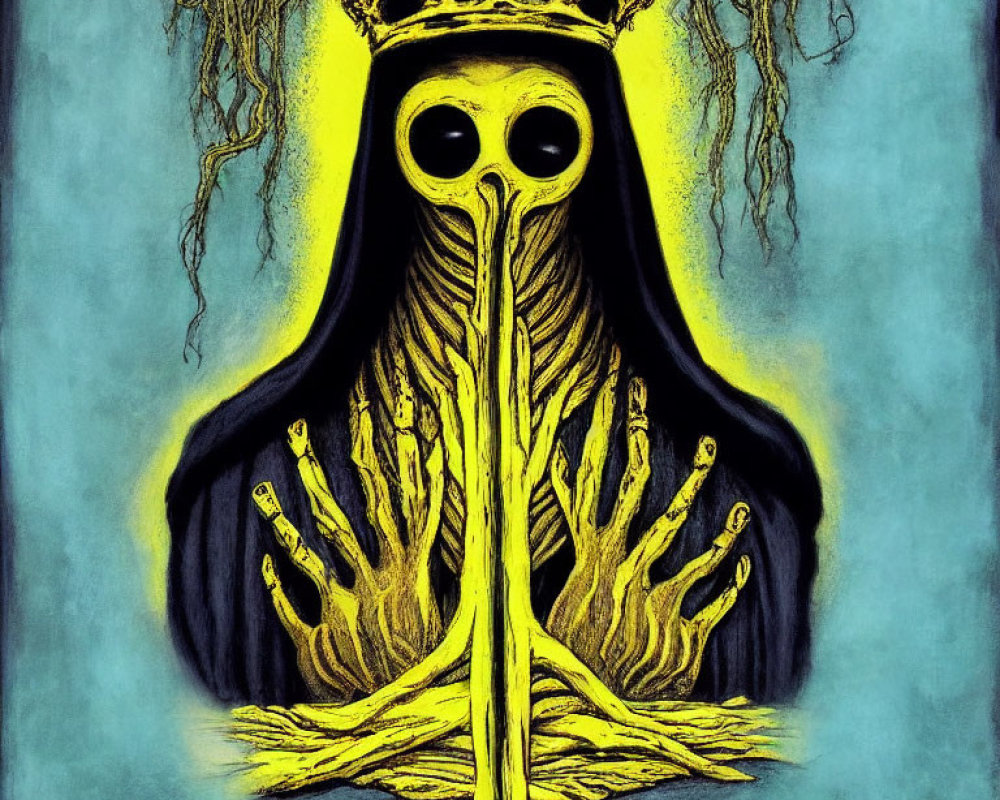 Skeletal figure on throne with dark robes under blue background - "Throne in the Rain
