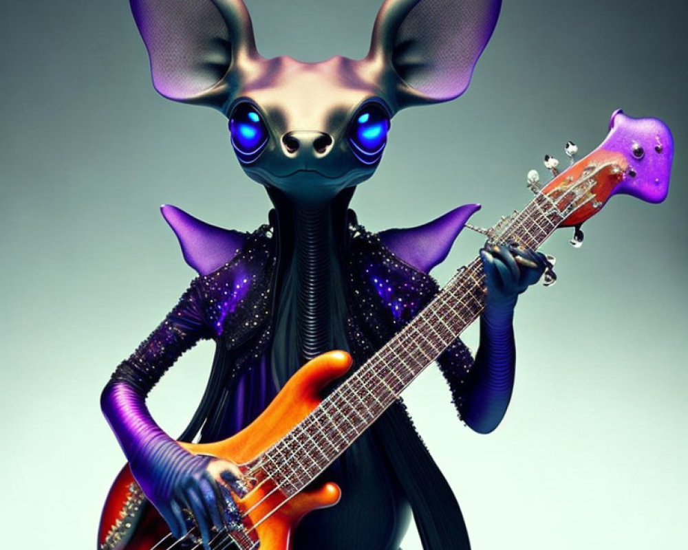 Animated alien playing orange bass guitar in black outfit with purple sparkles
