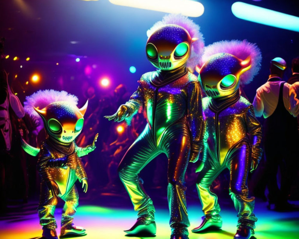 Vibrant alien costumes with luminous masks dancing under neon lights