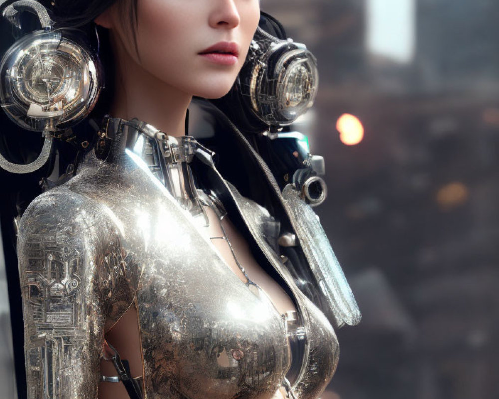 Futuristic female figure in metallic armor with shoulder-mounted machinery