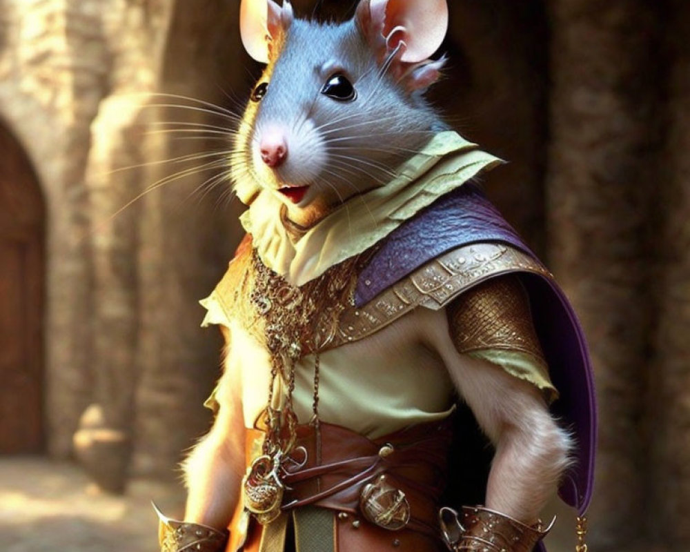 Medieval-themed anthropomorphic rat in armor and cloak inside castle setting