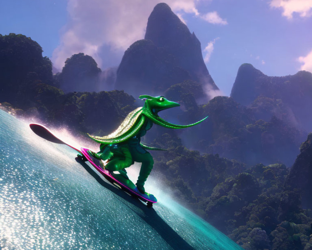 Stylized green dragon surfing on glistening wave with tropical mountains.