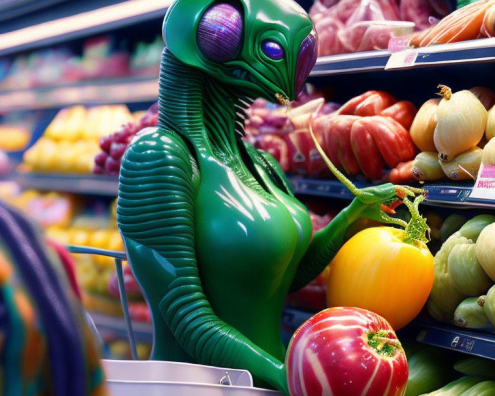 Green-skinned alien with pepper shops in vibrant grocery store