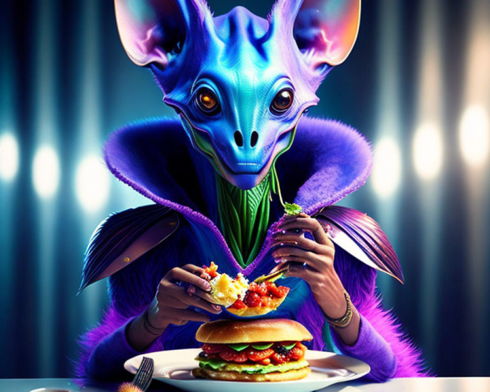 Colorful alien creature eating hamburger in purple outfit