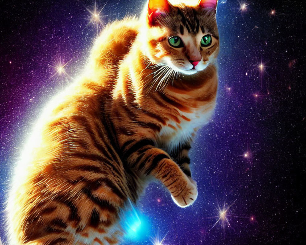 Tabby cat on cosmic starry background: A captivating fusion.