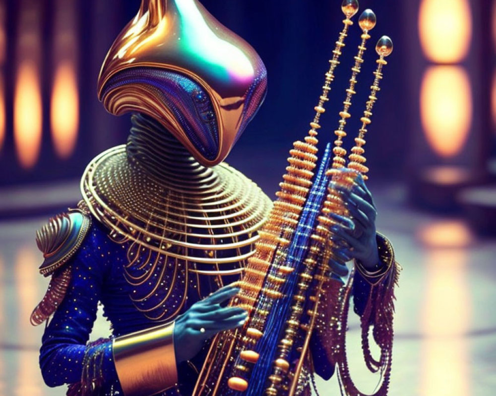 Futuristic figure in golden mask playing stringed instrument on warm-lit background