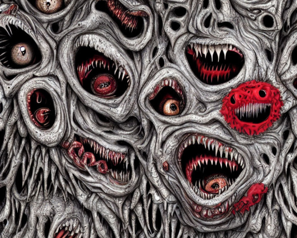 Grotesque horror-inspired image with multiple faces and textured details