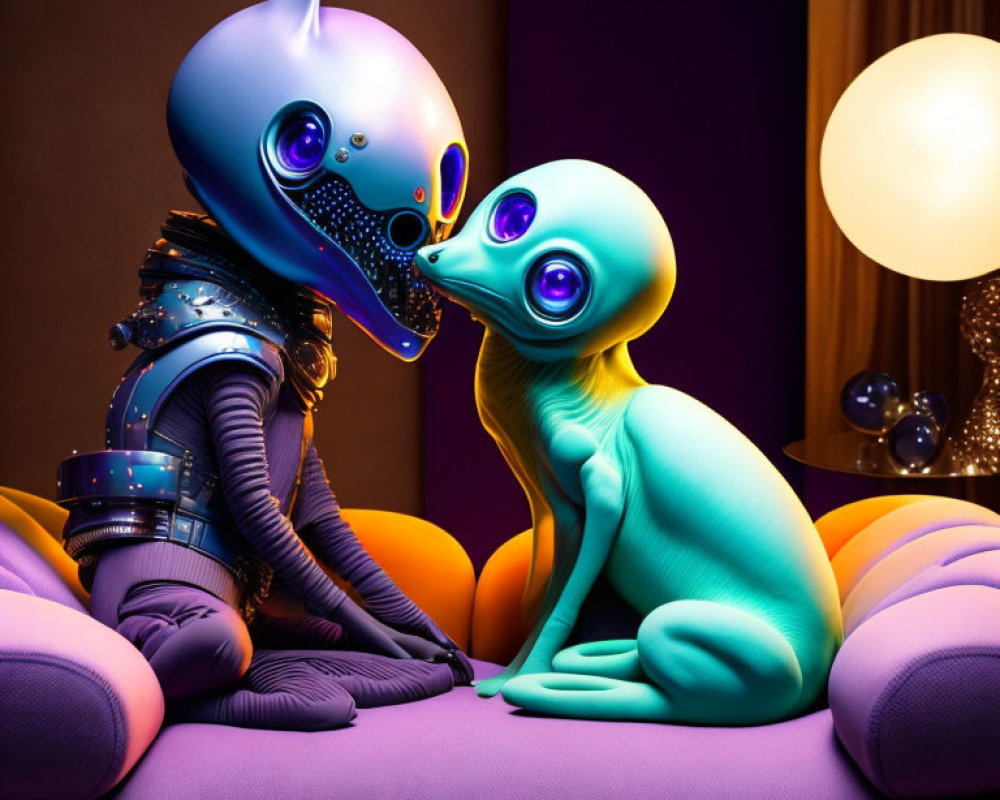 Colorful Robot Figures in Intimate Moment on Vibrant Couch