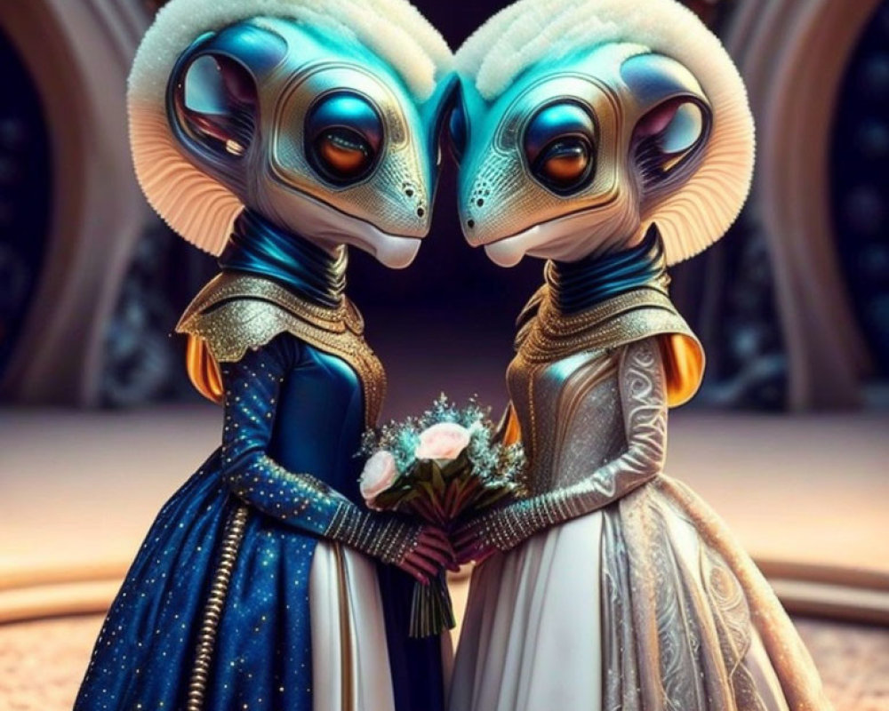 Stylized alien characters in elegant gowns against architectural backdrop