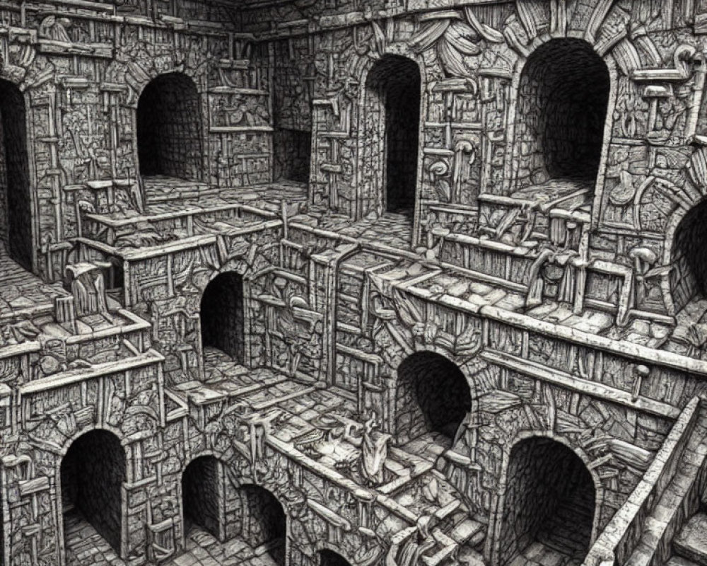 Detailed Black and White 3D Labyrinth Drawing with Impossible Architecture