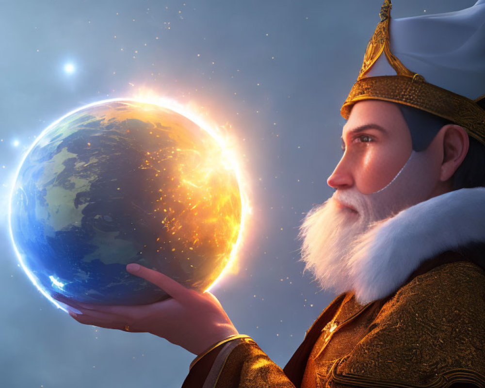 White-bearded figure holding glowing Earth against starry sky.
