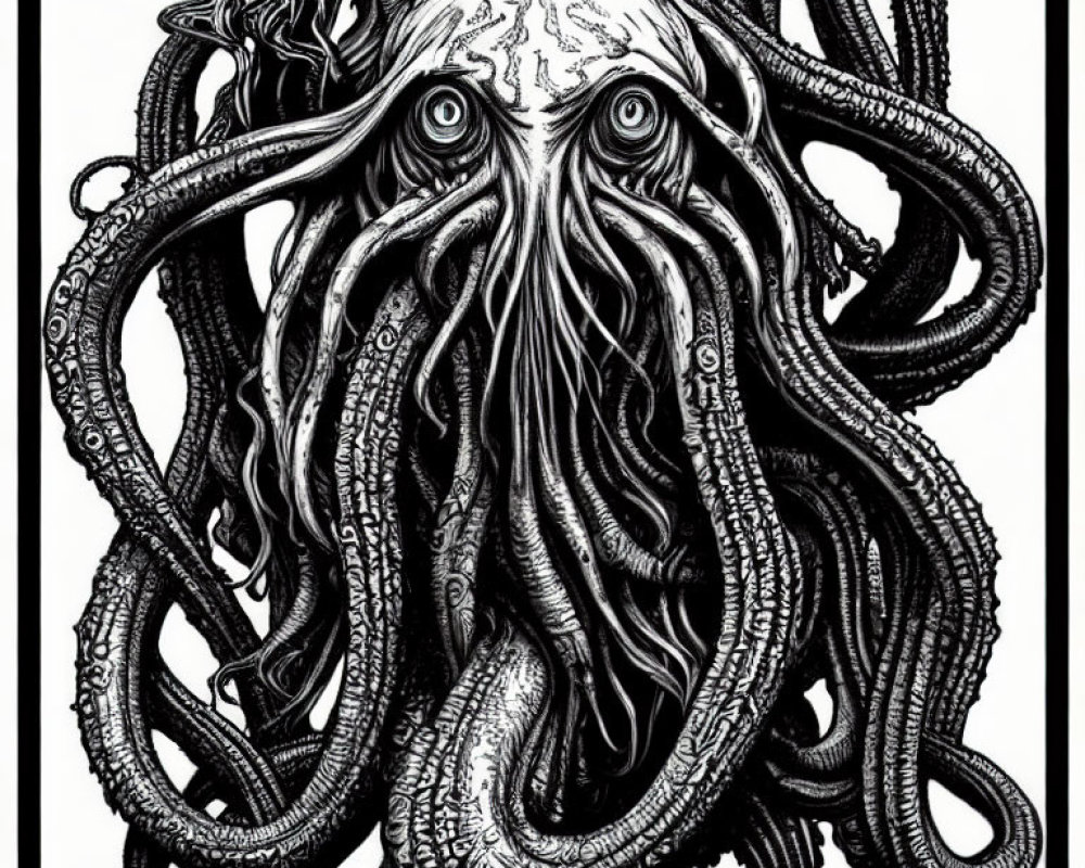 Detailed black-and-white Cthulhu-inspired octopus creature illustration