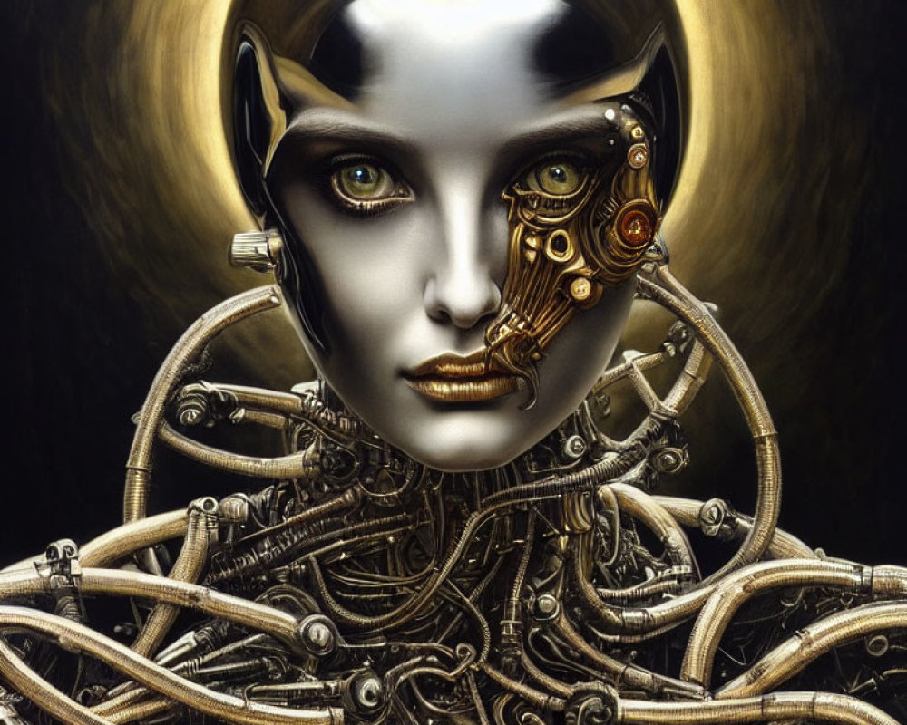 Female Cyborg Digital Artwork: Metallic Half-Face, Mechanical Neck, Glowing Halo