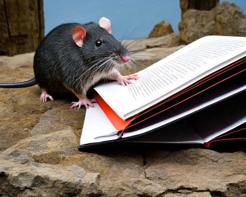 Rat on Stone Surface Peeking Over Open Book with Fluttering Pages