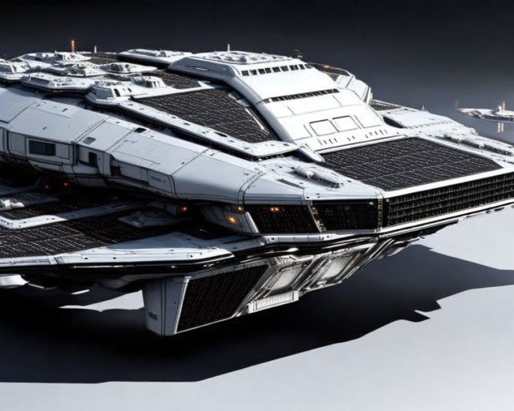 Futuristic spaceship with solar panels on reflective surface