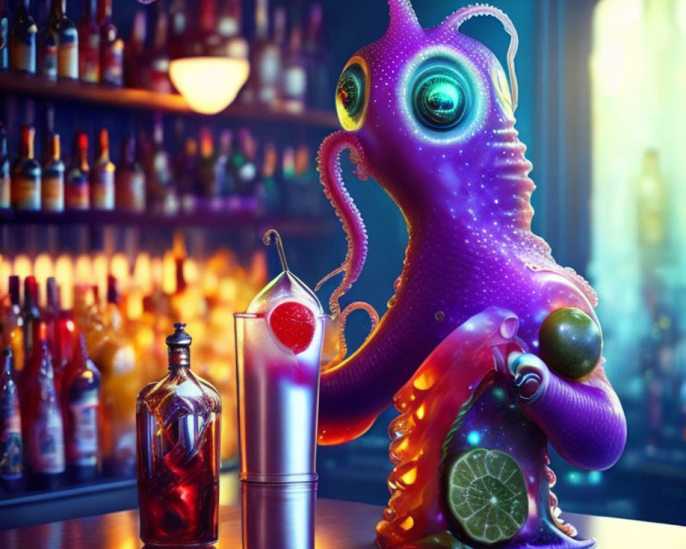 Colorful octopus-like creature with cocktail shaker at bar