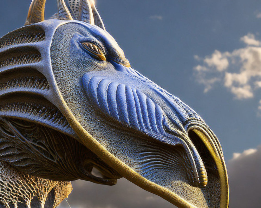 Detailed Dragon Sculpture in Blue and Gold Against Cloudy Sky