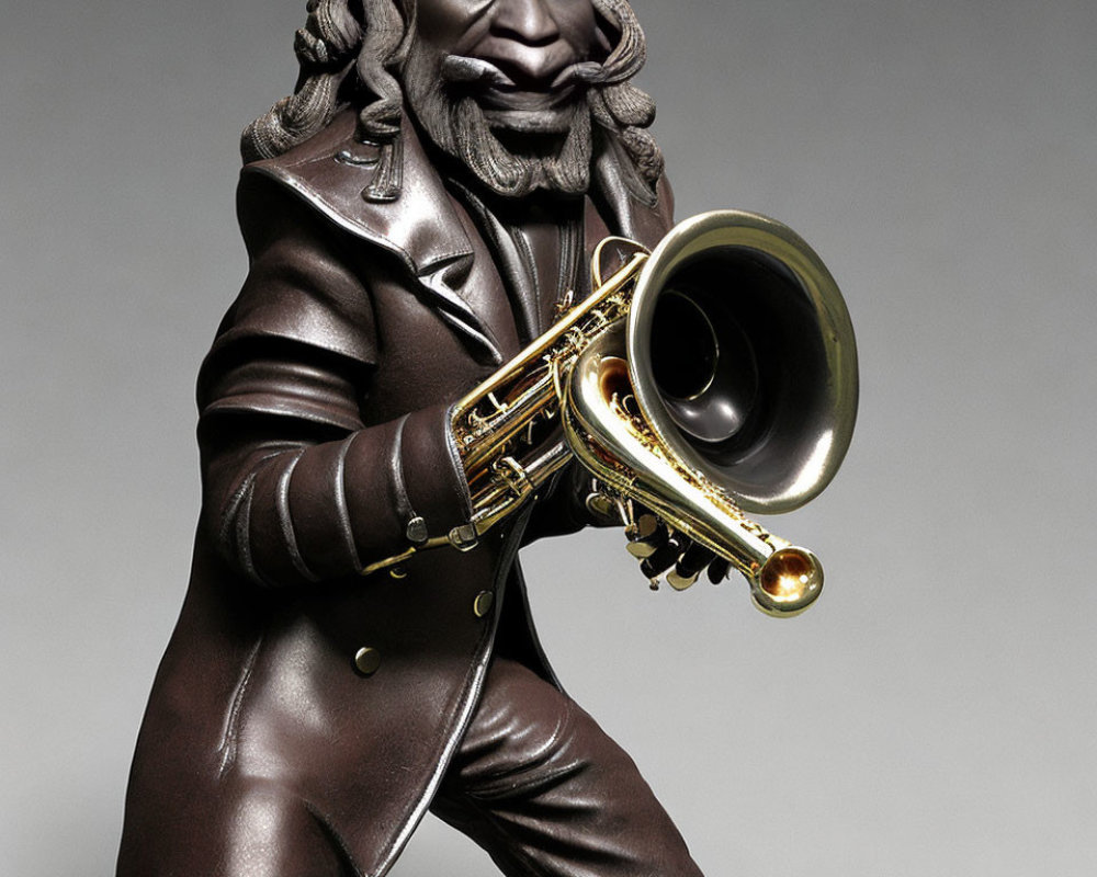 Stylized gorilla figurine in brown leather jacket playing golden trumpet