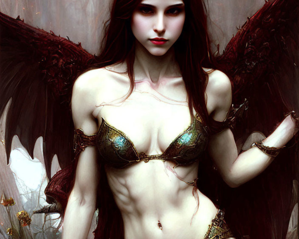 Fantasy Artwork: Female Character with Horns, Wings, and Dark Costume