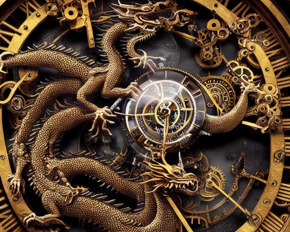 Steampunk-style Artwork with Clock Face, Metallic Dragons, Cogs, and Gears