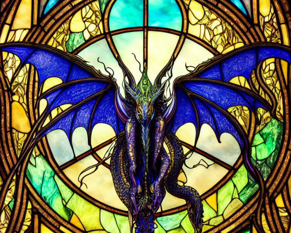 Colorful stained glass window featuring mythical dragon with blue wings