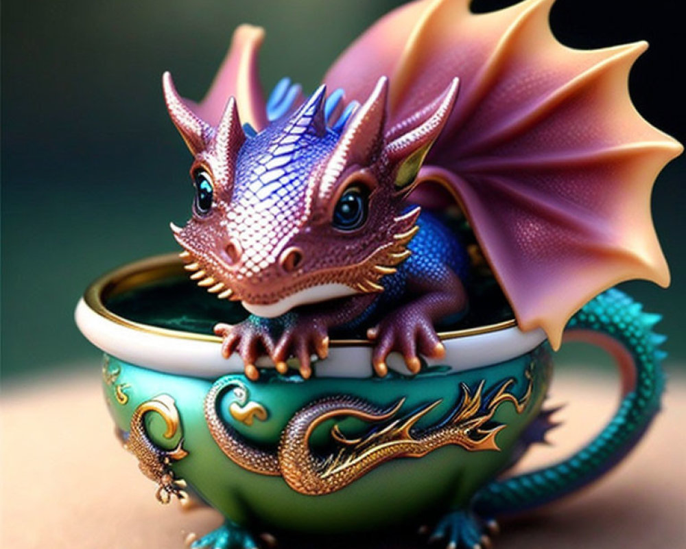 Colorful whimsical dragon in green bowl with gold accents against blurred background
