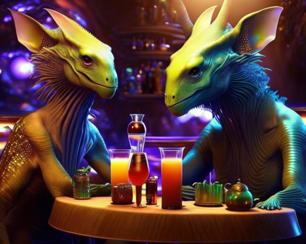 Colorful anthropomorphic dragons in cozy bar setting with glowing lights