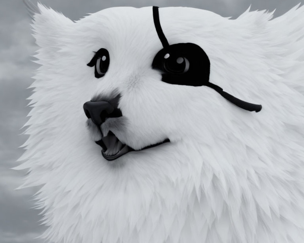 Stylized 3D white fluffy creature with black eyes against cloudy sky