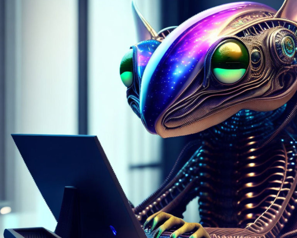 Detailed futuristic alien creature with reflective cosmic-patterned skin and stylized computer terminal